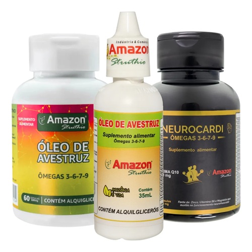 Kit 1 Óleo De Avestruz Caps + 1 Neurocardi Q10 +1 Óleo Gotas Sem Sabor